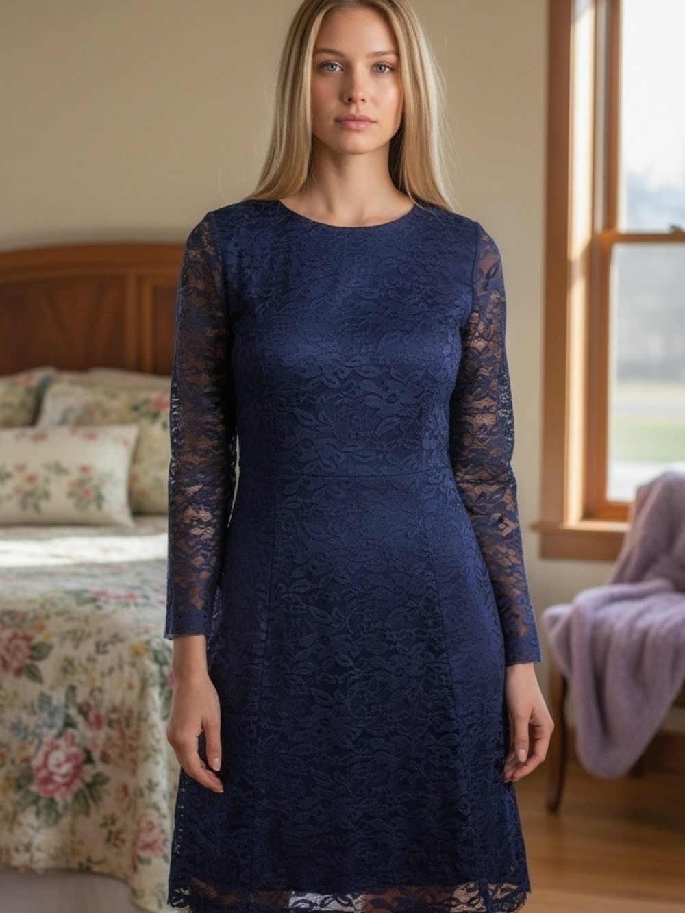 AUW Navy Lace Midi Dress with Sheer Sleeves